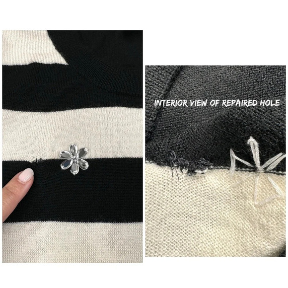 Garnet Hill 100% Wool Rhinestone Flower Striped Shirt. Black and Tan. Small - Picture 4 of 11